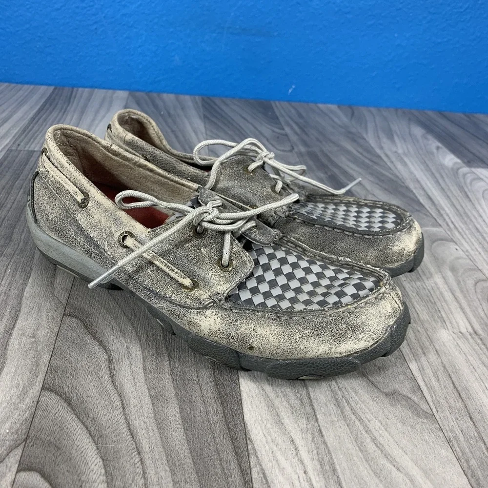 Twisted X Men's Grey Distressed Leather Checkered Moc Toe Boat Shoes US 5.5 M